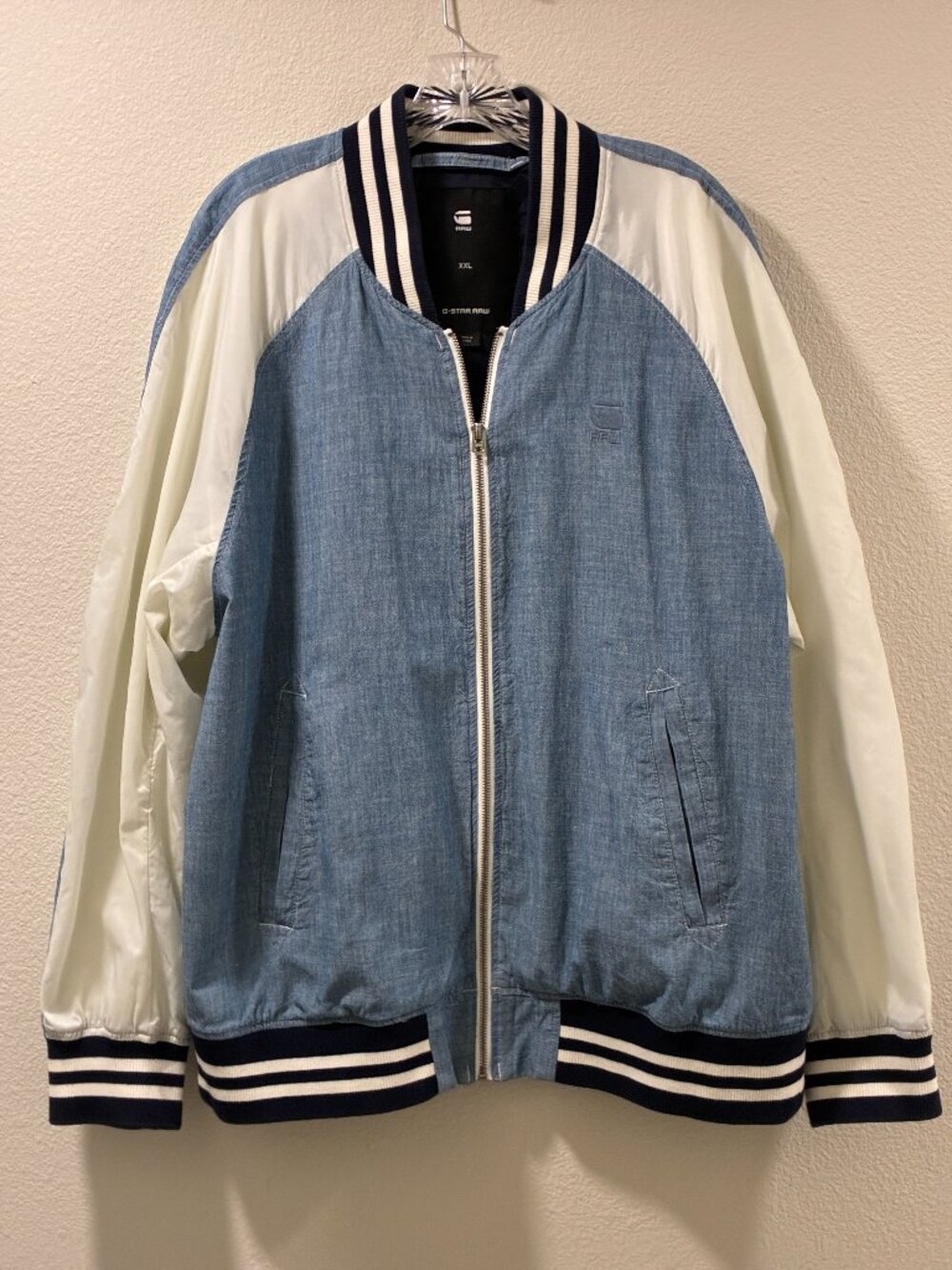 G-Star Raw Batt US Tour Bomber Jacket Blue White Chambray Men's XXL EUC